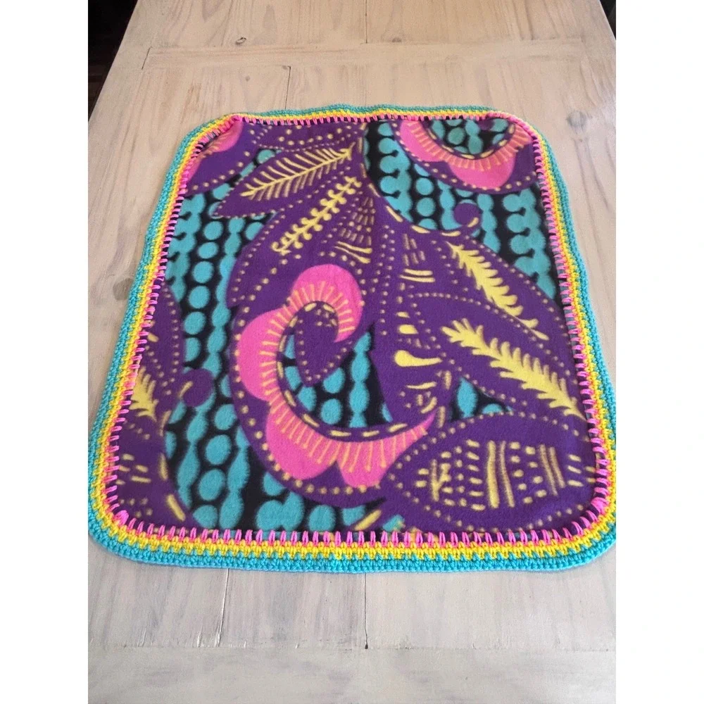 Handmade Fleece‎ Baby Blanket Purple Pink Teal Abstract Print Crochet Trim 29x25